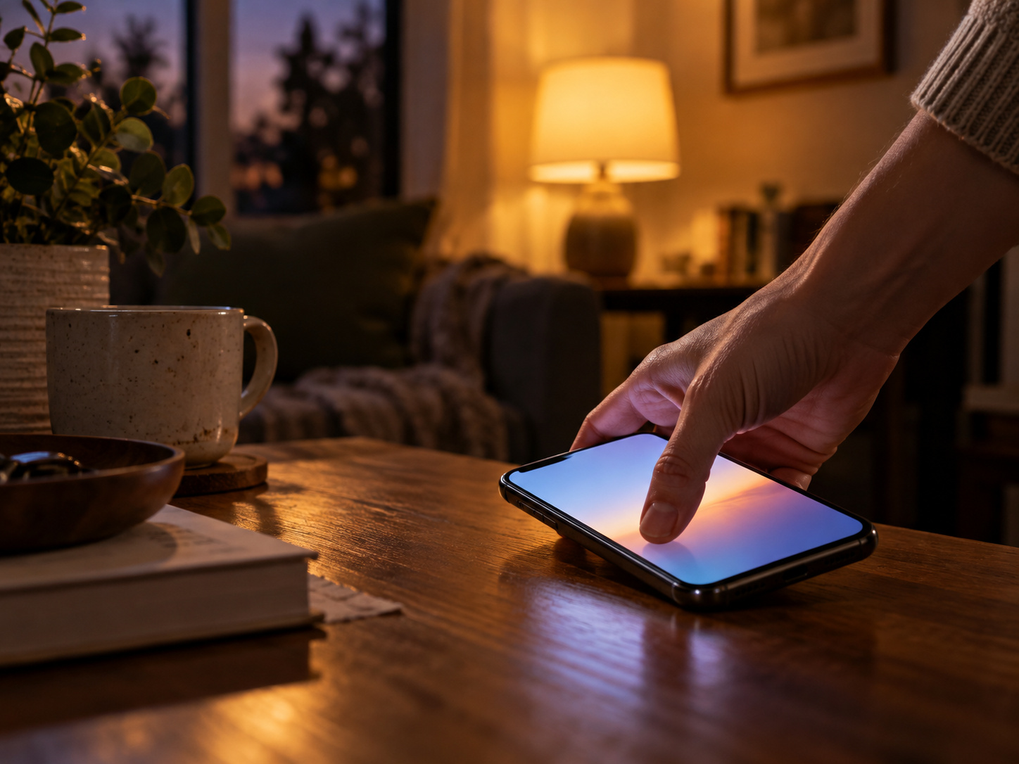 A hand picking up a phone in the evening