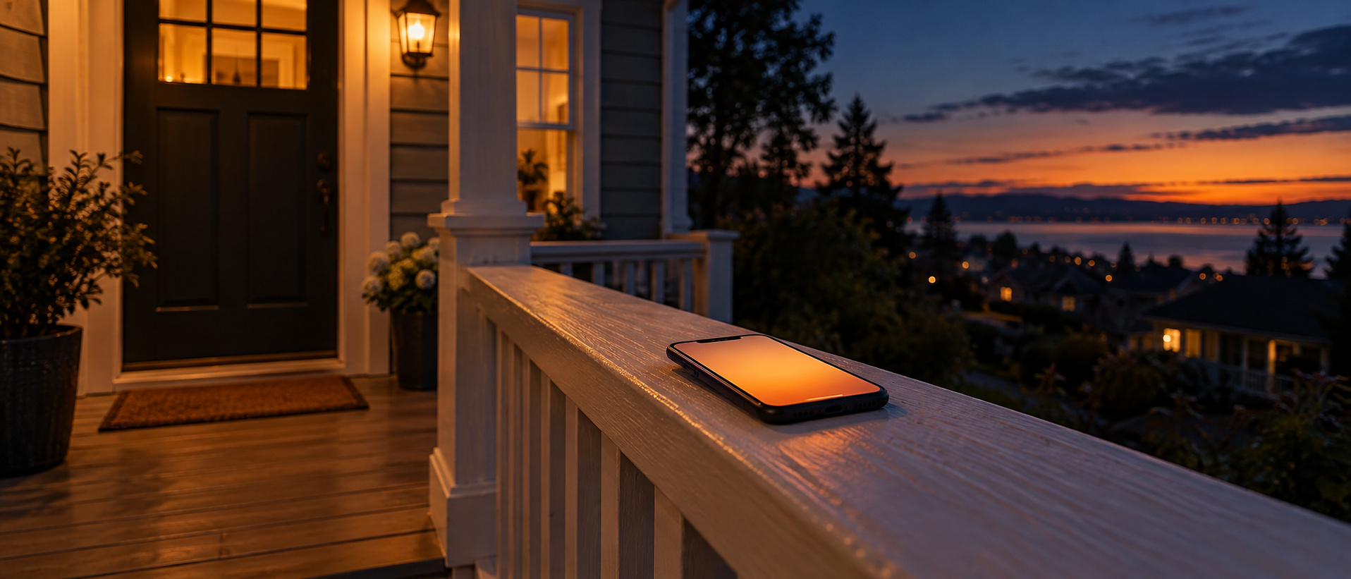 A glowing phone notification at night on a porch